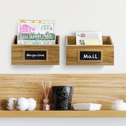 MyGift Premium Solid Acacia Wood Hanging Magazine Holder Rack, Wall Mounted Paper File Organizer Mail Sorter Bin with Chalkboard Label, Set of 2 in Saudi Arabia