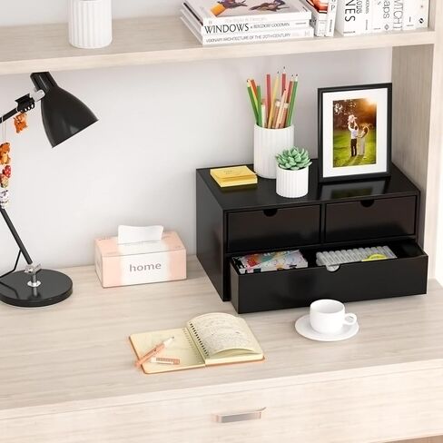 Wisuce Bamboo Desk Organizer - Mini Bamboo Desk Drawer Tabletop Cosmetic Storage Organization for Office or Home Black with Shelf in Kuwait