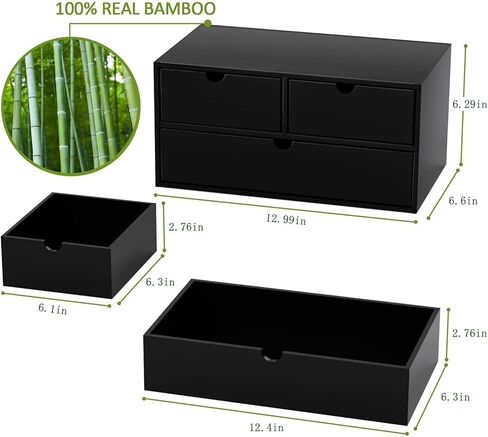 Wisuce Bamboo Desk Organizer - Mini Bamboo Desk Drawer Tabletop Cosmetic Storage Organization for Office or Home Black with Shelf in Kuwait