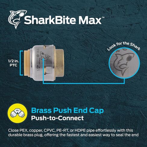 غطاء دفع SharkBite Max 1/2 بوصة، ادفع لتوصيل تركيبات السباكة النحاسية، أنابيب PEX، نحاس، CPVC، PE-RT، HDPE، UR514A in Kuwait