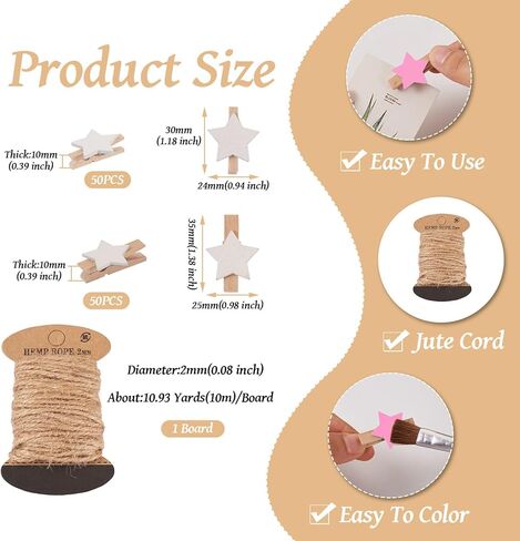 Pandahall 100 قطعة من دبابيس الملابس الخشبية على شكل قلب، مشابك صور أوتاد ورقية، دبابيس ملابس صغيرة ذهبية وفضية، عرض حامل بطاقات العطلات، مع خيط الجوت بطول 10.9 ياردة in Kuwait