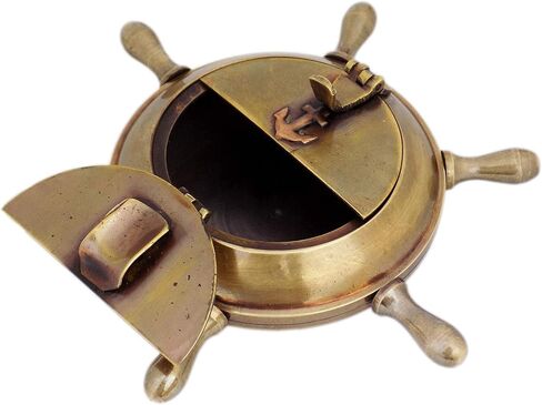 JD'Z COLLECTION منفضة سجائر نحاسية طراز بحري عتيق للاستخدام الداخلي والخارجي منفضة سجائر مصنوعة يدويًا على شكل عجلة سفينة منفضة سجائر مزخرفة بحرية مع غطاء in Kuwait