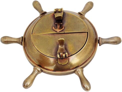 JD'Z COLLECTION منفضة سجائر نحاسية طراز بحري عتيق للاستخدام الداخلي والخارجي منفضة سجائر مصنوعة يدويًا على شكل عجلة سفينة منفضة سجائر مزخرفة بحرية مع غطاء in Kuwait