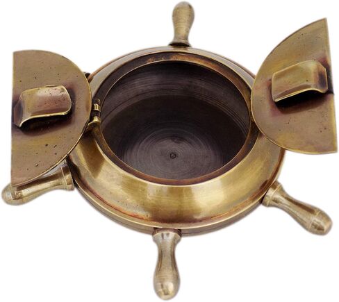 JD'Z COLLECTION منفضة سجائر نحاسية طراز بحري عتيق للاستخدام الداخلي والخارجي منفضة سجائر مصنوعة يدويًا على شكل عجلة سفينة منفضة سجائر مزخرفة بحرية مع غطاء in Kuwait