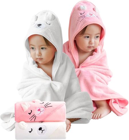 منشفة حمام للأطفال بغطاء رأس، 2 عبوة من مناشف الأطفال لحديثي الولادة والرضع والأطفال الصغار، ناعمة للغاية ماصة (الدب الأبيض + الفيل) in Kuwait