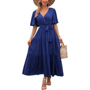 Kormei Womens V Neck Ruffle Short Sleeve Summer Casual A Line Flowy Party Long Maxi Dress