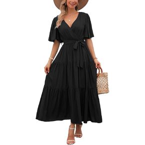 Kormei Womens V Neck Ruffle Short Sleeve Summer Casual A Line Flowy Party Long Maxi Dress