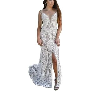 NALAWEKER Boho Vintage Lace Wedding Dresses for Bride Mermaid Beach V Neck Bridal Dress Bohemian Wedding Gown with Slit