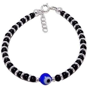 Jewar Blue Evil Eye Nazariya Bracelet in Silver with Black Beads for Boys Girls Men Women