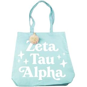 Sorority Shop ZTA Tote Bag - Zeta Tau Alpha Teal and White Retro Pom Pom Canvas Tote Bag – Sorority Retro Tote– Sorority Gift