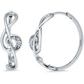 BERRICLE Sterling Silver Treble Clef Music Note Cubic Zirconia CZ Medium Fashion Hoop Earrings for Women, Rhodium Plated 0.9"
