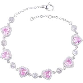1pcs Love Heart Cherry Flower Pink Cubic Zirconia Bracelet Heart-shaped Bridal Wedding Bracelet Links Jewelry Gift for Brides Bridesmaids Women Girls Party Prom
