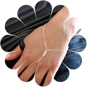 Andelaisi Boho Pearl Finger Ring Bracelets Silver Slave Bracelet Vintage Pearl Ring Wrist Bracelet Wedding Pearl Hand Chain Bracelet for Women and Girls
