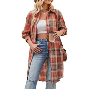 Bozanly Oversized Mid Long Plaid Flannel Shirts for Women Lapel Long Sleeve Check Blouse with Pockets