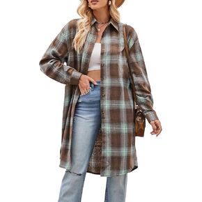 Bozanly Oversized Mid Long Plaid Flannel Shirts for Women Lapel Long Sleeve Check Blouse with Pockets