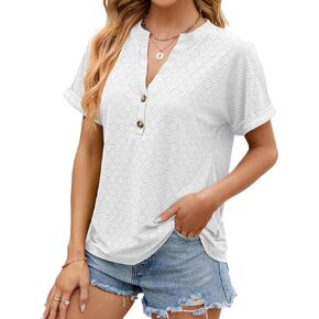 ZILIN Women's Summer Tops Dressy Casual Short Sleeve Button Down Shirts Loose Fit V Neck Tunic Blouses