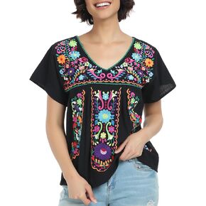YZXDORWJ Women's Mexican V Neck Top Peasant Embroidered Blouse Traditional Summer Short Sleeve Shirt