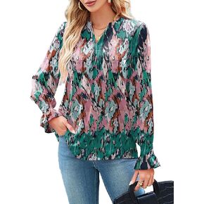 Work Tops for Women Office Professional Long Sleeve Smoke Cuff V Neck Dressy Casual Chiffon Business Blouses