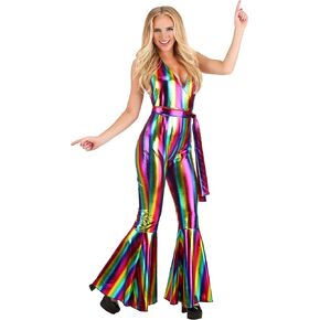 Women's Rainbow Rave Disco Costume | Colorful Metallic Jumpsuit & Flared Pants | 70s 80s Outfits