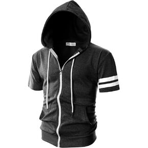 Ohoo Mens Sllim Fit Short Sleeve Zip Up Striped Hooded Sweatshirt with Pockets Lightweight