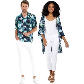 Matchable Couple Hawaiian Luau Shirt or Kimono in Orchid Breeze Navy