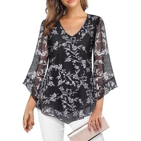 Viracy Womens Dressy Blouse V Neck Double Layers Elastic Mesh Casual Flowy Work Shirts Ruffle 3/4 Flared Sleeve Tunic Tops