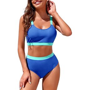 مجموعات بيكيني للنساء ملابس السباحة الرياضية عالية الخصر رقبة سكوب اللون كتلة المحاصيل الأعلى قطع عالية صفيق ثوب السباحة in Kuwait