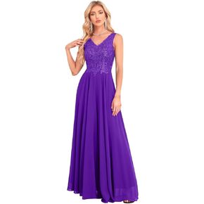 Women's V Neck Bridesmaid Dresses Lace Appliques Beaded Chiffon Long Formal Dress with Pockets UU33