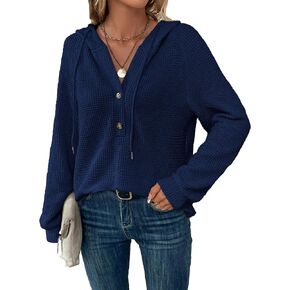 WDIRARA Women's Oversized Hoodies Waffle Knit Sweatshirt V Neck Button Up Hoodie Pullover