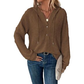 WDIRARA Women's Oversized Hoodies Waffle Knit Sweatshirt V Neck Button Up Hoodie Pullover