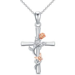 CEKAMA Christmas Jewelry Gifts 925 Sterling Silver Cross Necklace for Women Beautifully Rose Flower/Sunflower/Infinity/Stethoscope Cross Pendant Necklaces with 18+2 Inches Chain