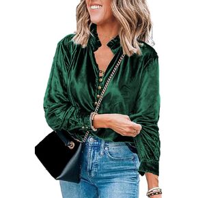 Melliflo Women's Frilled Neck Buttoned Front Velvet Top Casual V Neck Solid Long Sleeve Blouse Tops