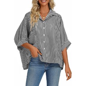 Vrtige Women's Casual Stripe Button Down Collar V Neck Half Sleeve Loose Blouse Shirt Top