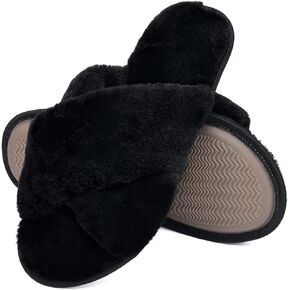 LORDFON Women's Memory Foam Cross Band House Slippers,Soft Furry Cozy Slip On Open Toe Indoor Home Slippers for Women,Comfy Fluffy Fuzzy Women's Bedroom Scuff Slippers Non-Slip