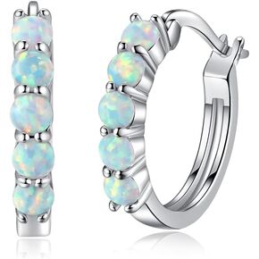 Sterling Silver Opal Hoop Earrings for Women 14K White Gold Plated Hypoallergenic Huggie Earrings with Opal Gemstone Earrings Jewelry for Gifts