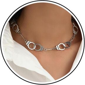 Punk Handcuffs Necklace Choker Silver Handcuffs Pendant Necklace Handcuffs Link Chain Choker Necklace Interlocking Handcuff Chain Collarbone Necklace Statement Jewelry for Women and Girls