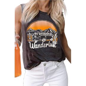 تي شيرت Wanderlust للسيدات مطبوع عليه حروف تي شيرت صيفي كاجوال بدون أكمام تي شيرت عتيق للعطلات in Kuwait