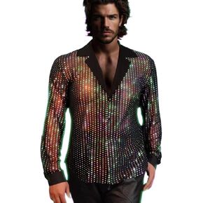 AIBEIX Mens Mesh Sequins See Through 70s Disco Long Sleeve Button Down Shirts