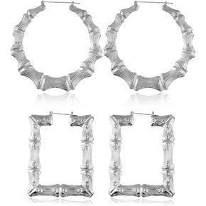 2 Pairs Large Bamboo Hoop Earrings Set Gold Plated Exaggerated Big Statement Hip-Hop Geometric Earrings for Women Girls