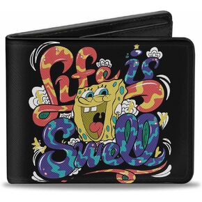 Buckle-Down Men's PU Bifold Wallet-Spongebob Life is SWELL Swirl, Multicolor, 4.0" x 3.5"