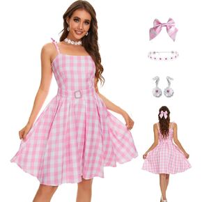 Saxcdyi Women Pink Plaid Dress Skirt Hair Bow Daisy Necklace Earrings Set Halloween 2023 Cosplay Costume Suit