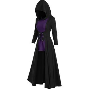 Panegy Women Renaissance Hooded Dress Medieval Lace Up Cloak High Low Vintage Pullover Dress