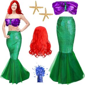 Foaincore 6 Pcs Mermaid Costume for Women Mermaid Crop Tops Tail Curly Wig Starfish Hair Clip for Halloween Cosplay