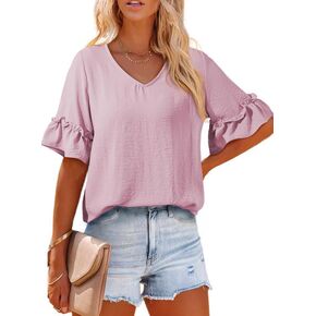 SHEWIN Women's Blouses V Neck Ruffle Short Sleeve Shirts Chiffon Blouse Tops Tunics