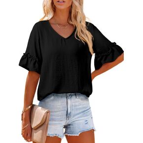SHEWIN Women's Blouses V Neck Ruffle Short Sleeve Shirts Chiffon Blouse Tops Tunics