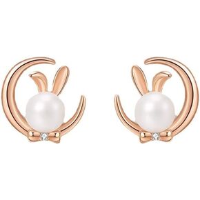 Rabbit Moon Earrings for Women Girls Teens 18K Rose Gold Plated Hypoallergenic Shell Pearl Cute Small Animal Bunny Pet Crescent Stud Cartilage Tragus Post Dainty Easter Birthday Jewelry Gifts for Daughter Niece