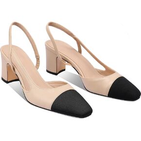 LauraVicci Heeled Slingback Pumps Two Toned Splicing Closed Round Toe Chunky Block Heels Sandals Slip On Office Party Fashion Shoes