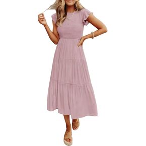 Coloody Women's Summer Casual Midi Maxi Dress Boho Flutter Sleeve Crew Neck Smocked Elastic Waist Tiered A-Line Beach Dress