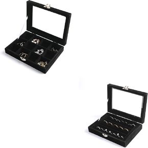 Frebeauty Rings/Earring Organizer Small Clear Lid Tray Bundle: 7 Slots and 12 Grid Velvet Drawer Insert Jewelry Storage Box Jewelry Display Case Store Showcase Jewelry Box Gift for Women(Black) in Kuwait