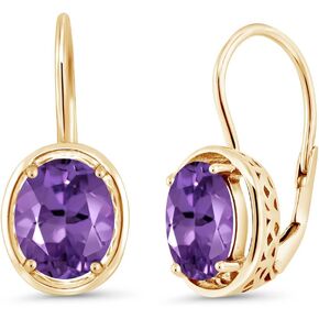 Gem Stone King 18K Yellow Gold Plated Silver Purple Amethyst Dangle Earrings For Women (3.32 Cttw, Gemstone Birthstone, Oval 9X7MM)
